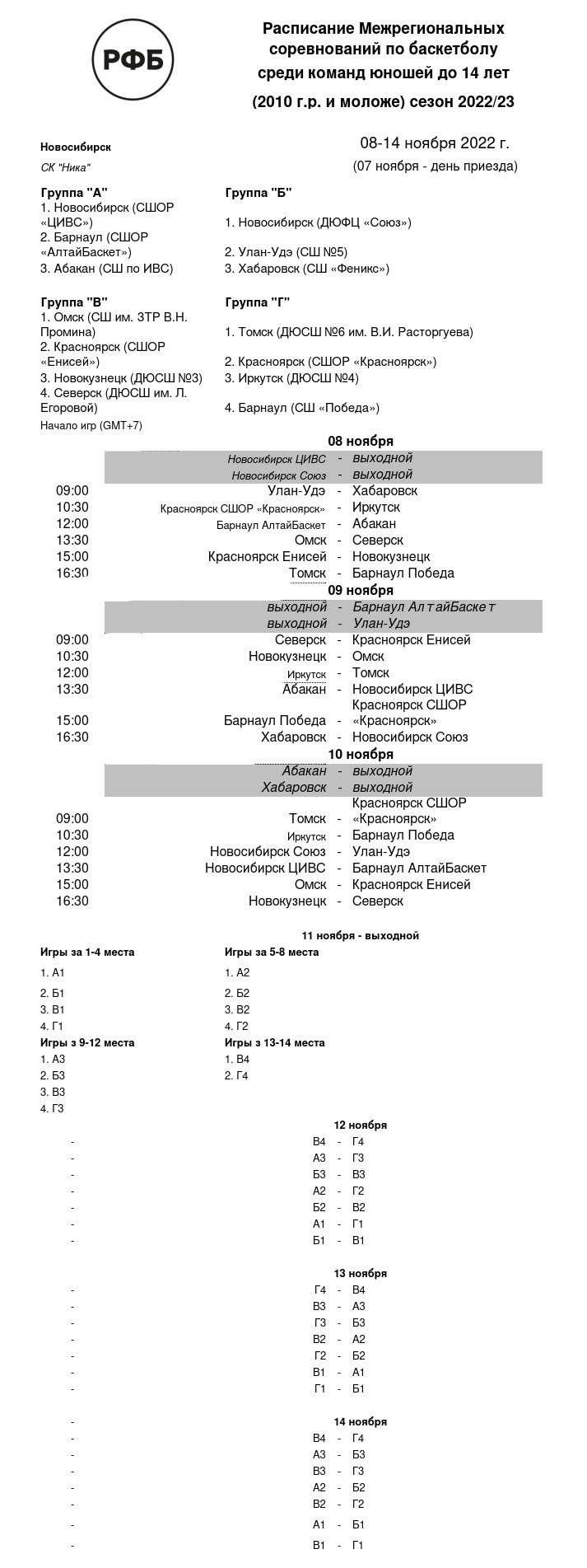 Расписание Межрегиональные соревнования Юноши 2010 г.р. Сезон 22 23